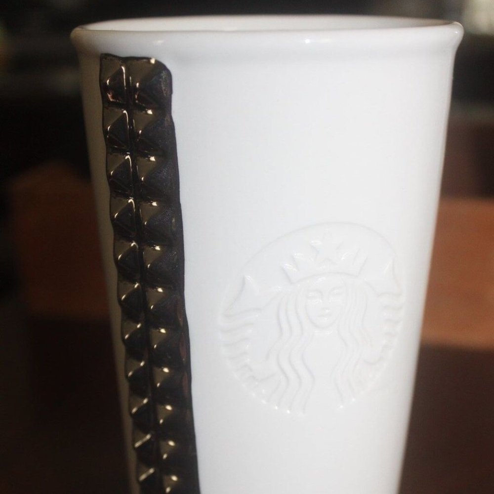 Starbucks Tall Porcelain 10 oz Coffee Mug w/Mermaid/raised silver trim New …